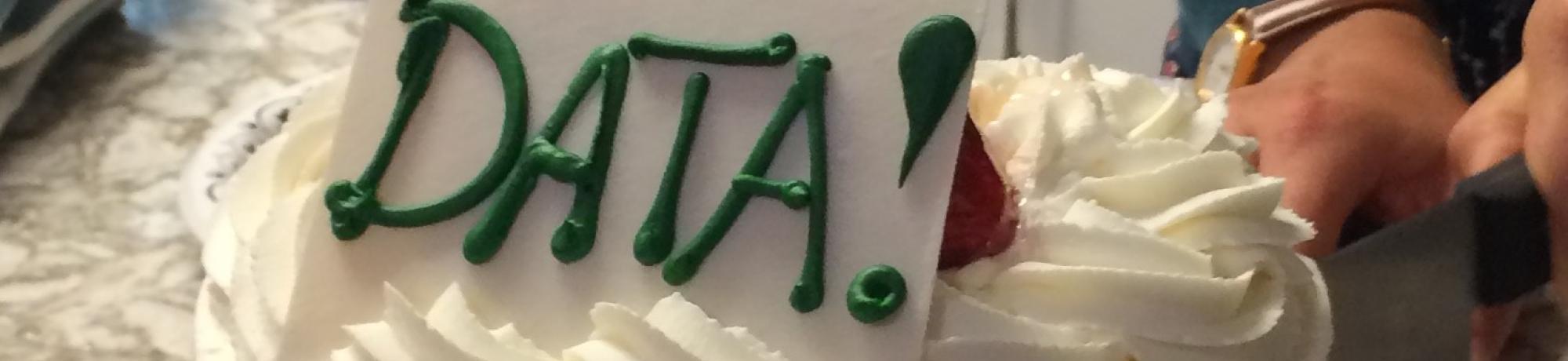 Cake with "Data" written on top of it.